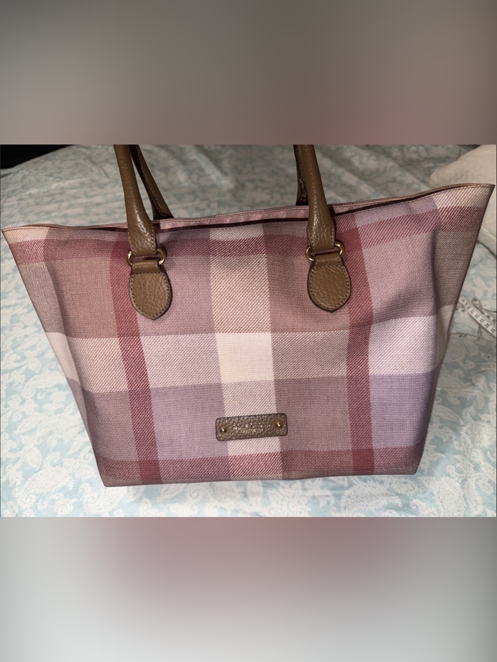 Vintage Burberry Pink Plaid Canvas Tote with Brown Leather Handles
